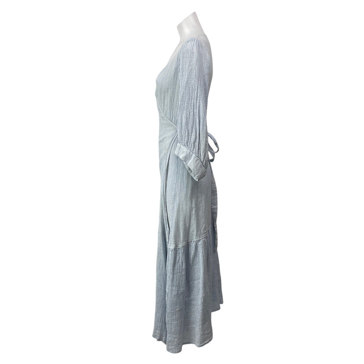 Apiece Apart Bougainvillea Light Blue 3/4 Sleeves Pinstriped Wrap Midi Dress 6