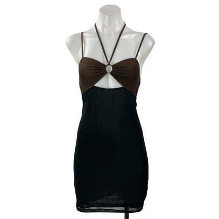 NEW Motel Rocks Women's Brown Black Sleeveless Cami Halter Bodycon Mini Dress S