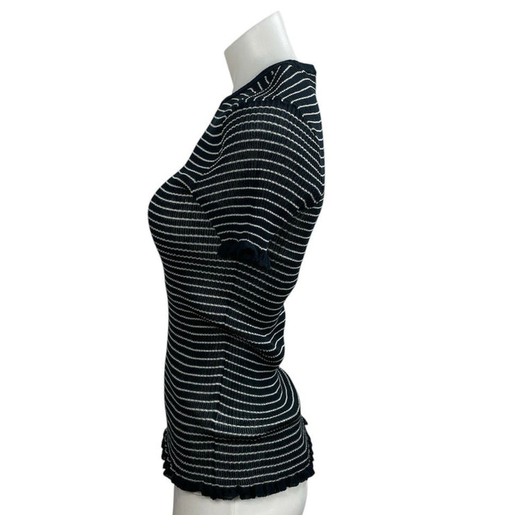Zara Border Stripe Lettuce Hem Crew Neck Short Sleeve Sweater Tee T-Shirt Top M