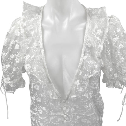 Majorelle White Floral Lace Short Sleeve Plunge Ruffle Sheer Midi Dress XS