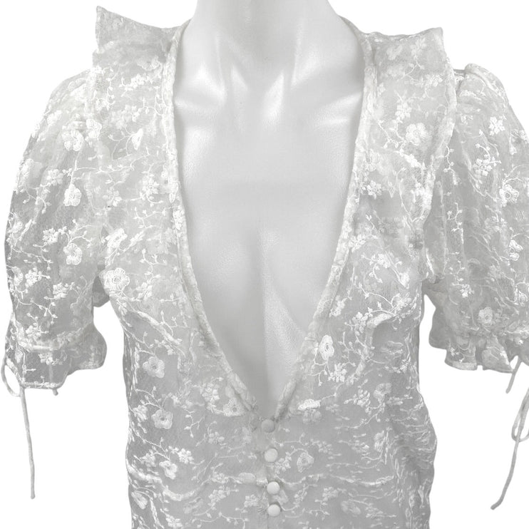 Majorelle White Floral Lace Short Sleeve Plunge Ruffle Sheer Midi Dress XS