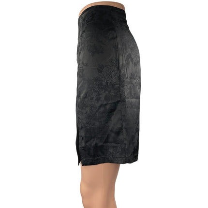 Lyaner Black Floral Silky Satin High Waist Front Slit Mini A-Line Skirt Size L