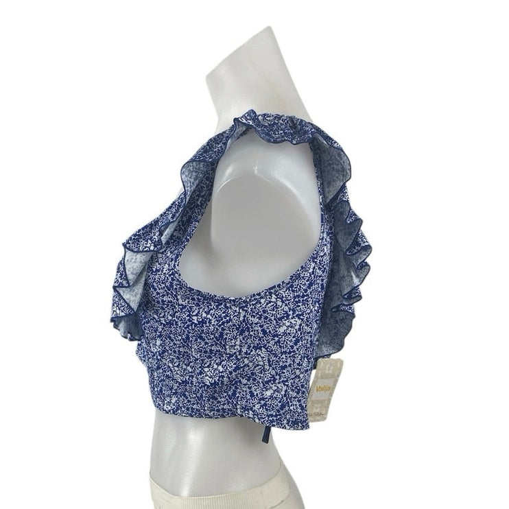 NEW Valija Blue Ruffle Scoop Neck Backless Smocked Printed Boho Crop Top Size L
