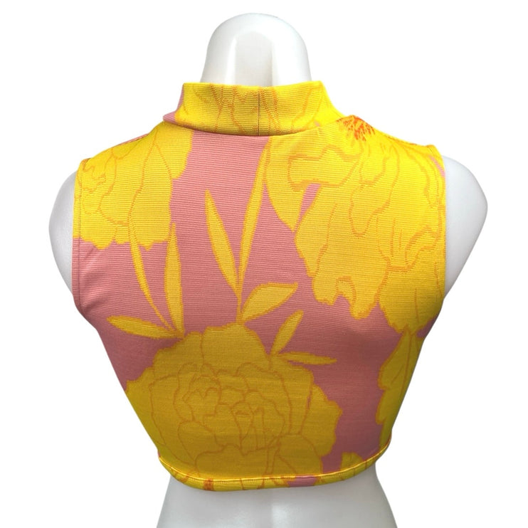 Zara Women's Pink Yellow Floral High Neck Sleeveless Crop Tank Top Size S