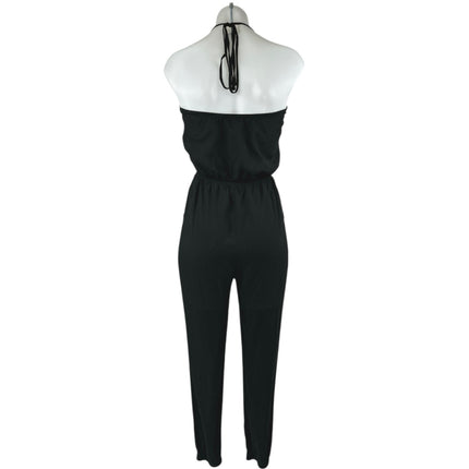 Lulus Learning to Fly Black Halter Sleeveless V Neck Faux Wrap Jumpsuit Size S