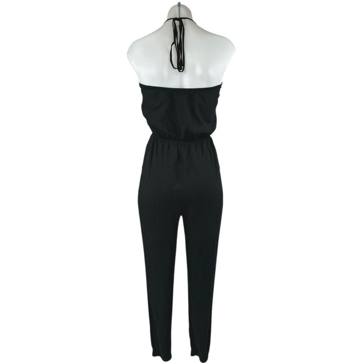 Lulus Learning to Fly Black Halter Sleeveless V Neck Faux Wrap Jumpsuit Size S