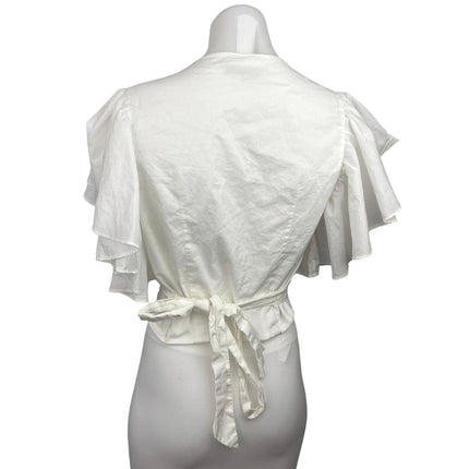 Zara White Cotton V Neck Flutter Sleeve Ruffle Crop Wrap Blouse Top Size L