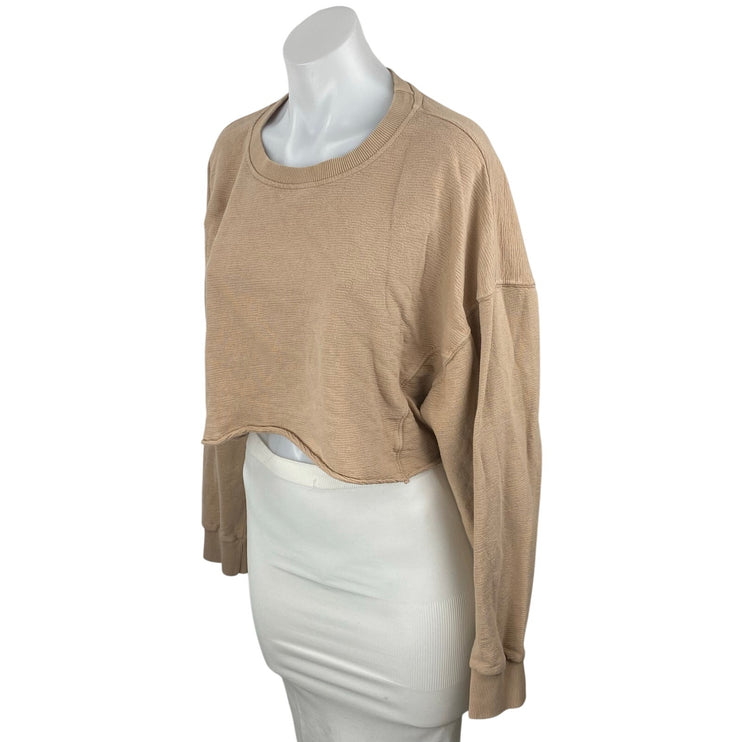 Mono B Women's Tan Crew Neck Knit Long Sleeve Cropped Sweatshirt Top Size M