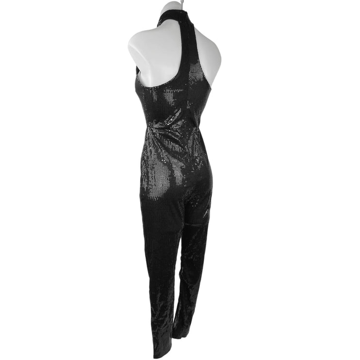 Womens Black Sequin Halter Racerback Mock Neck Disco Party Romper Jumpsuit Sz S