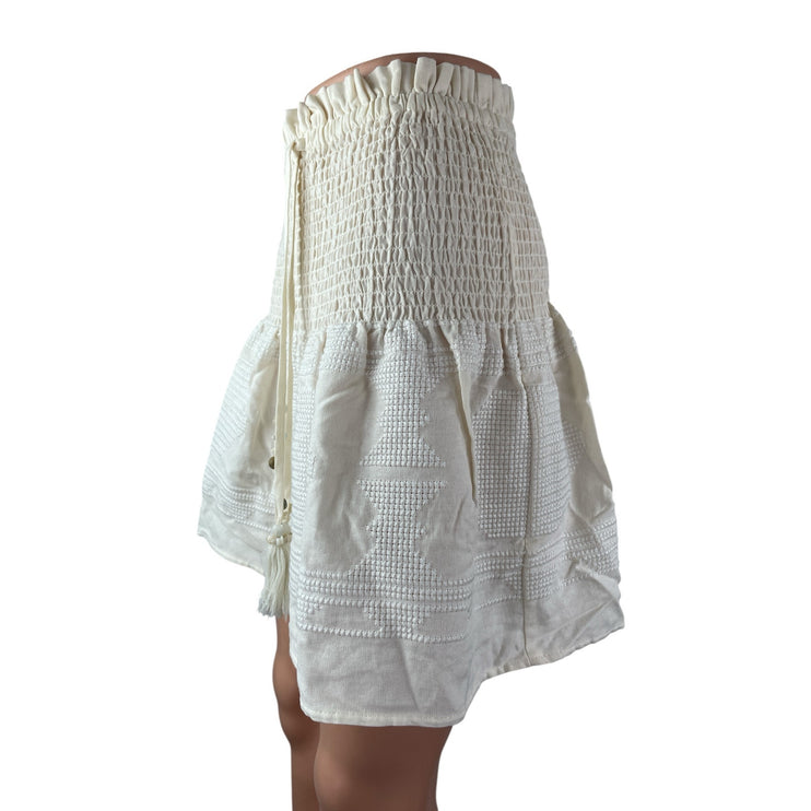 Women's White Smocked Embroidered Beaded Tassle Tie Mini Flare A-Line Skirt 2/4