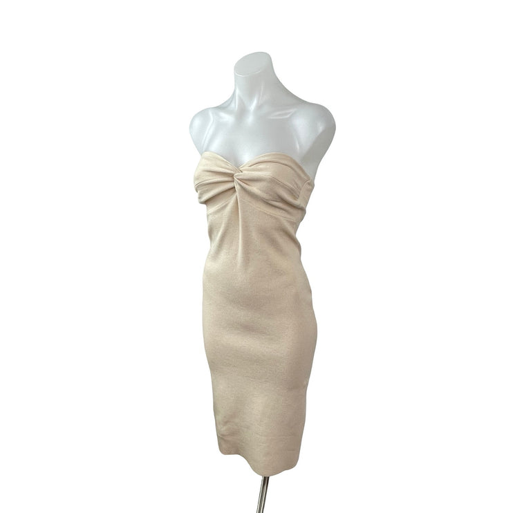 NEW Lillusory Beige Knit Twist Front Strapless Tube Bandeau Midi Bodycon Dress S