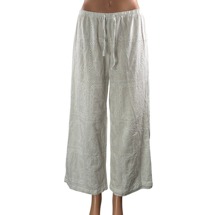 Peppermayo Women's White Drawstring High Rise Embroidered Wide Leg Pants Size 4