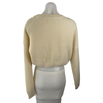 Elodie Women's Cream Ribbed Knit Long Sleeve Crewneck Cropped Sweater Top Size M