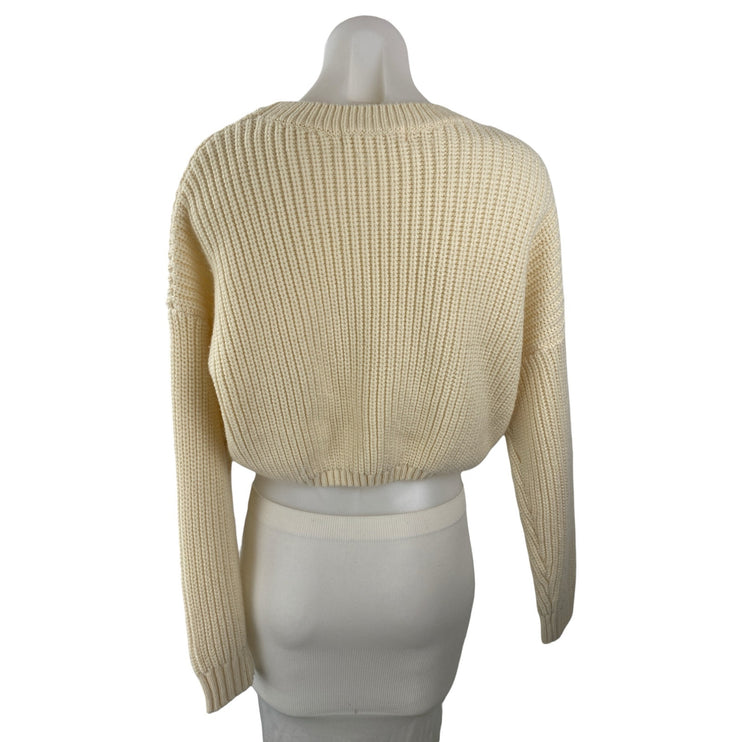 Elodie Women's Cream Ribbed Knit Long Sleeve Crewneck Cropped Sweater Top Size M