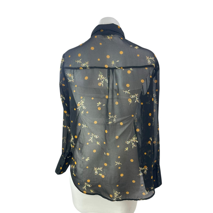 Zara Women's Black Polka Dots Leaf Mesh Sheer Long Sleeve Button Up Shirt Top M