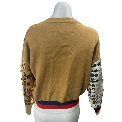 Beauty Women Gold White Sequin Metallic Colorblock Long Sleeve Sweatshirt S/M