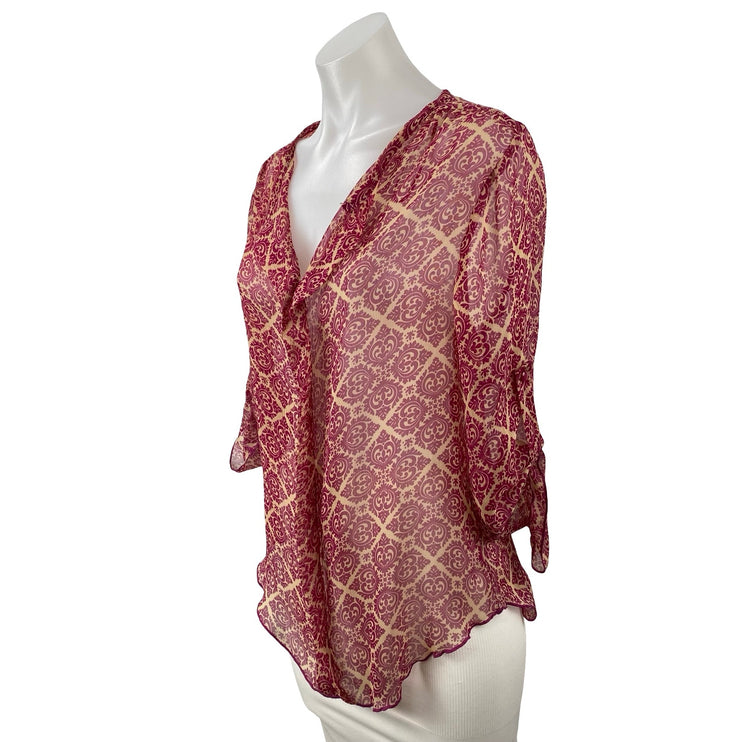 Blue Rair Women's Pink Sheer Mesh Tapestry Quarter Sleeve Button Up Blouse Top S