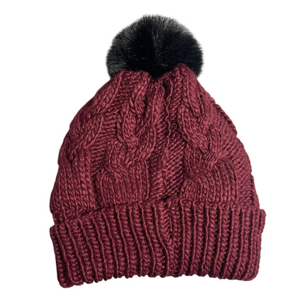 Steve Madden Women's Red Black Cable Knit Cuffed Winter Pom Pom Beanie Hat OS