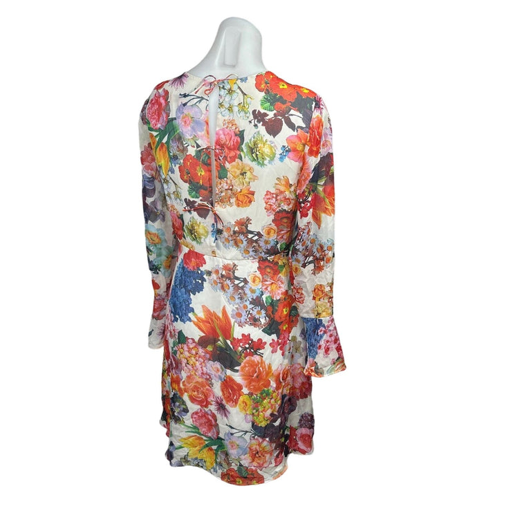 Betsey Johnson Multicolor Floral Print Chiffon Bell Sleeve Sheath Dress Size 4