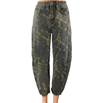 Women's Black Leopard Print Barrel Baggy High Rise Cropped Denim Jeans Size XS
