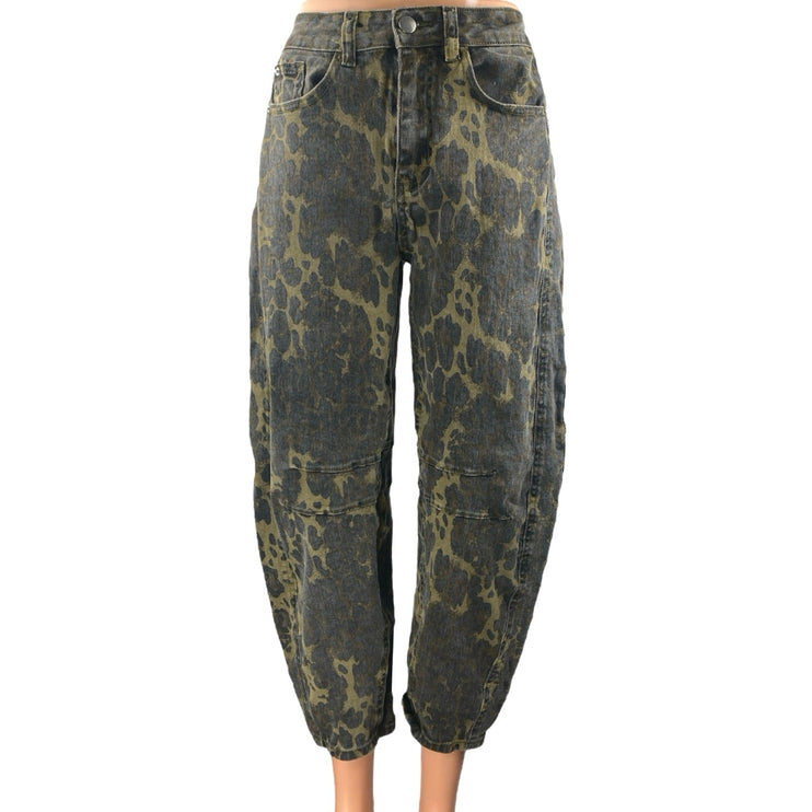 Women's Black Leopard Print Barrel Baggy High Rise Cropped Denim Jeans Size XS