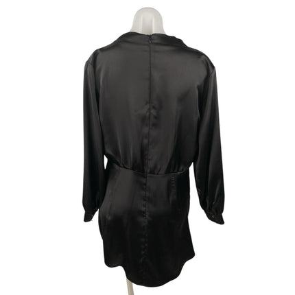 Zara Womens Black Silk Satin Ruched High Neck Long Sleeve Mini Wrap Dress Size L