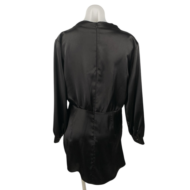 Zara Womens Black Silk Satin Ruched High Neck Long Sleeve Mini Wrap Dress Size L