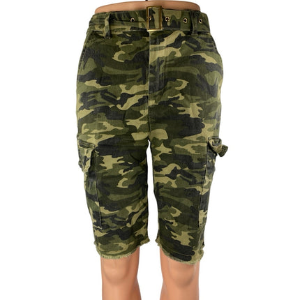 Almost Famous Women's Green Camo Camouflage Belted Skinny Bemuda Cargo Shorts 3