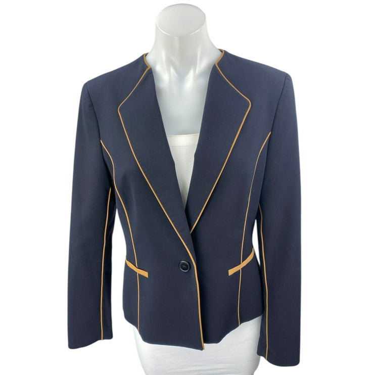 Nine West Women's Blue Orange Trim Long Sleeve One Button Blazer Coat Jacket 6