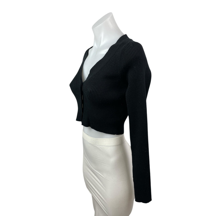 Windsor Black Ribbed Knit Long Sleeve V Neck Button Up Cardigan Crop Top Size S