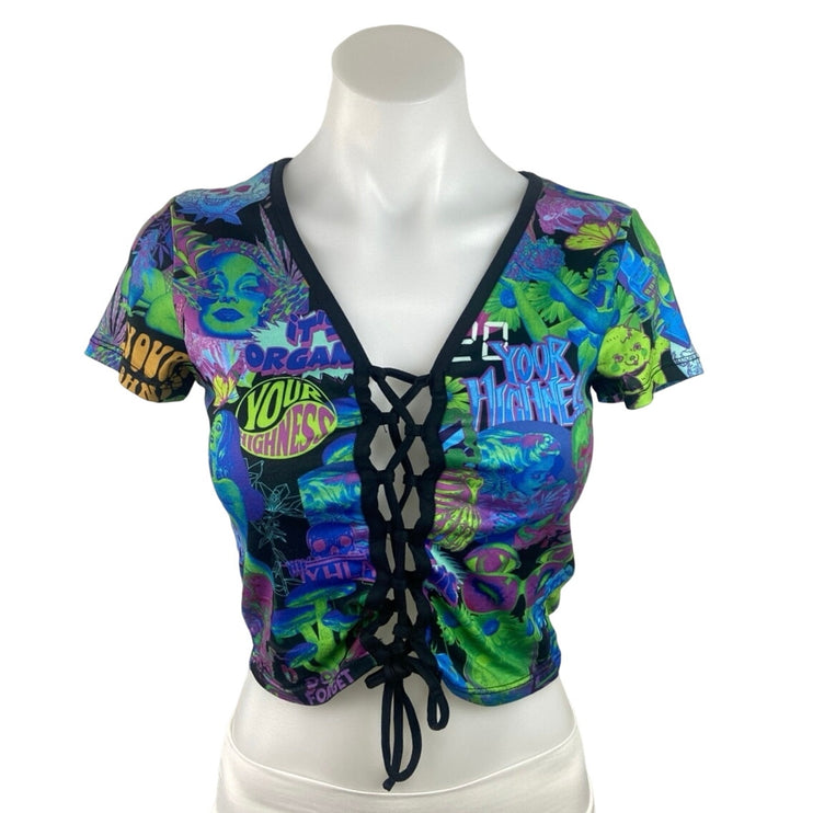 Your Highness Blue Green Ruckus Print Tie Front Short Sleeve Crop Top Blouse S