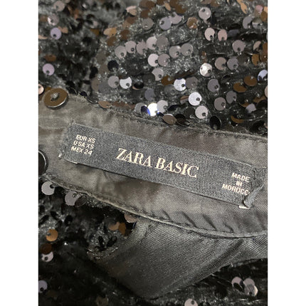 Zara Black Sequin Sparkly Mock Neck Backless Long Sleeve Mini Sheath Dress Sz XS