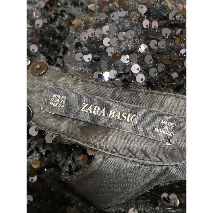 Zara Black Sequin Sparkly Mock Neck Backless Long Sleeve Mini Sheath Dress Sz XS