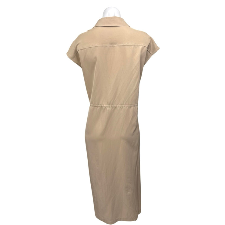 Old Navy Tan Beige Sleeveless Collar Button Down Drawstring Midi Shirt Dress M