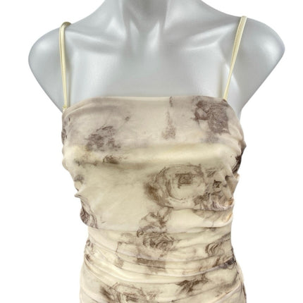 NEW Commense Cream Floral Ruched Sleeveless Cami Camsole Bodycon Tank Dress S