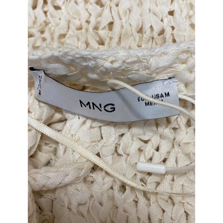 MNG Mango Bow Closure Cream Open Knit Crochet Cap Sleeve Cardigan Blouse Top M
