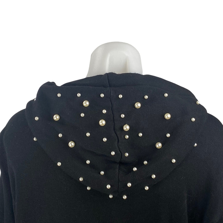Elan Women's Black Pearl Beaded Long Sleeve Hoodie Hooded Sweatshirt Top SIze M
