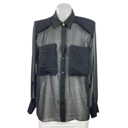Zara Women's Black Mesh Sheer Pocket Long Sleeve Button Down Shirt Top Size S