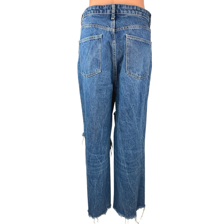 Zara Women's Blue Distressed Frayed Hem High Waist Wide Leg Crop Denim Jeans 12