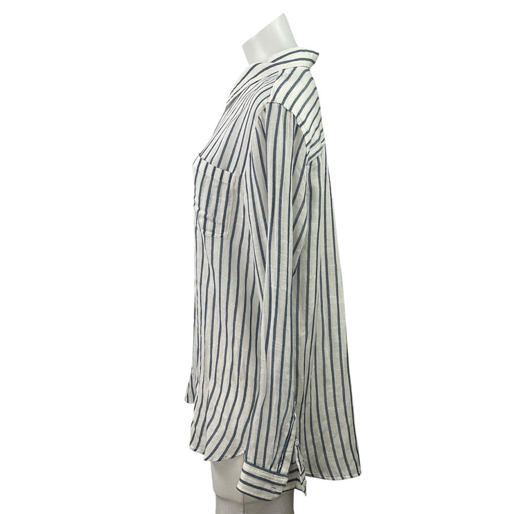 Lucky Brand Womens White Black Striped Long Sleeve Button Down Tunic Shirt Top L