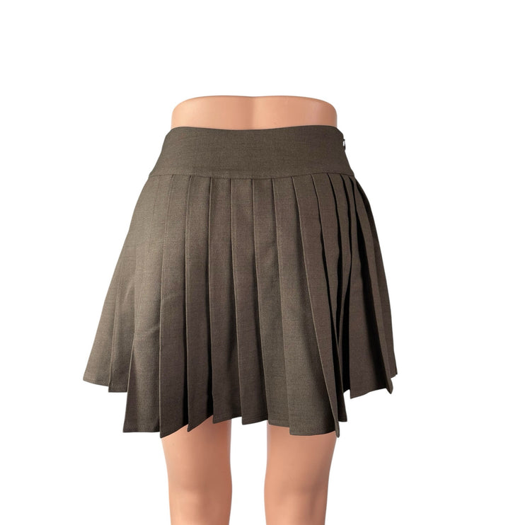 Cider Women's Brown Buckle Pleated High Waist Mini Skater Flare A-Line Skirt XS