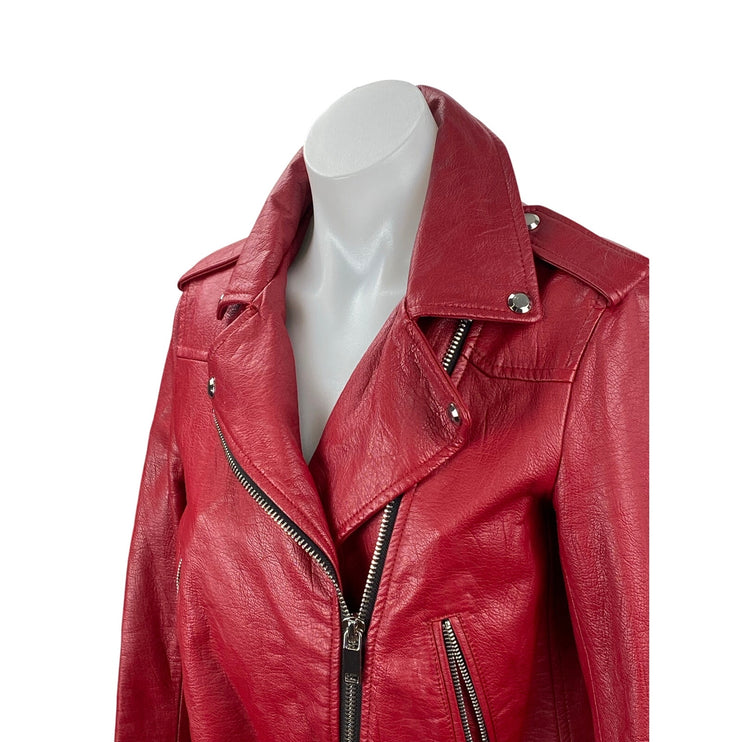 Zara Womens Red Faux Leather Vegan Long Sleeve Full Zip Moto Biker Jacket Size M