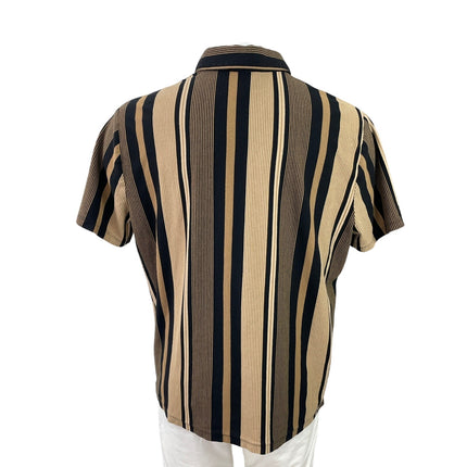 Express Mens Brown Striped Colorblock Short Sleeve Button Down Shirt Top Size XL