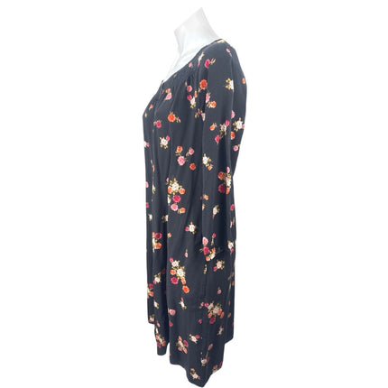 J.Jill Black Floral Smocked  Long Sleeve Button Down Mini Tunic Shirt Dress Sz M