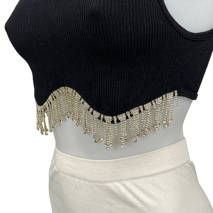 Zara Black Rhinestone Fringe Ribbed Knit Sculpt Sleeveless Tank Crop Top Size XS