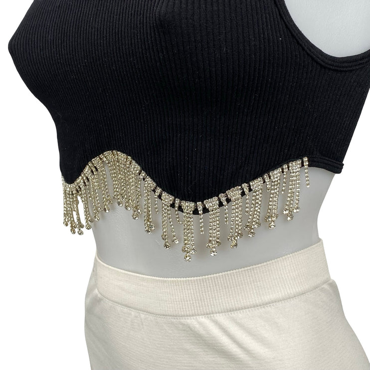 Zara Black Rhinestone Fringe Ribbed Knit Sculpt Sleeveless Tank Crop Top Size XS