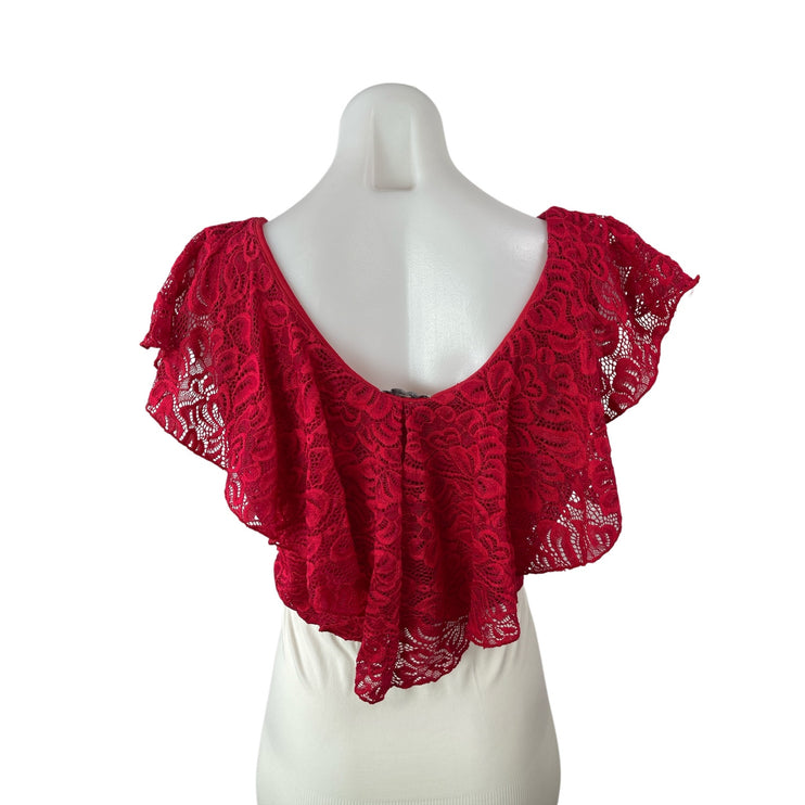 Charlotte Russe Red Floral Lace Ruffle Scoop Neck Boho Blouse Crop Top Size XL
