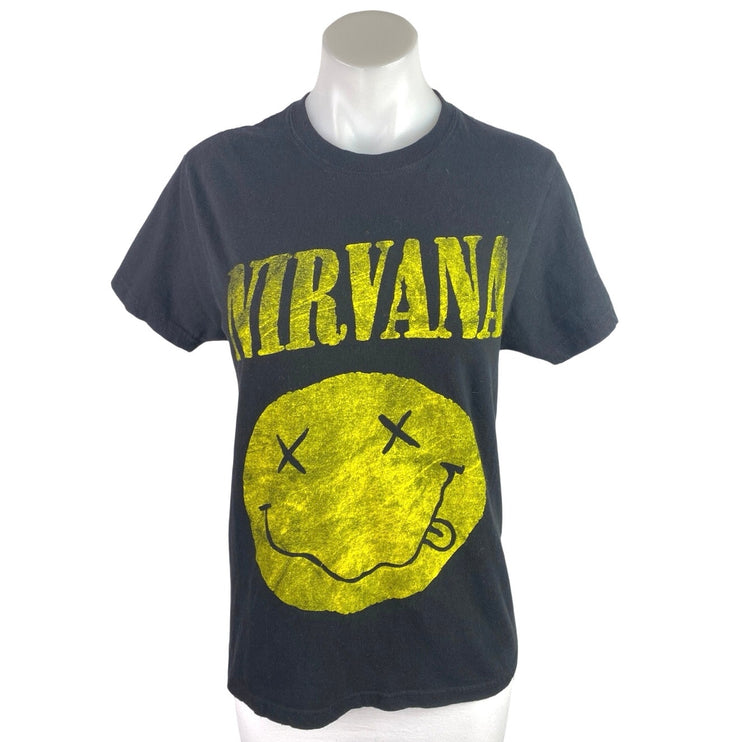 Nirvana Black Yellow Smiley Short Sleeve Graphic Rock Band Tee T-Shirt Top S