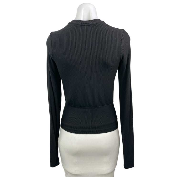 PE Nation Women's Black Ribbed Knit Crew Neck Long Sleeve T Shirt Tee Top Size S