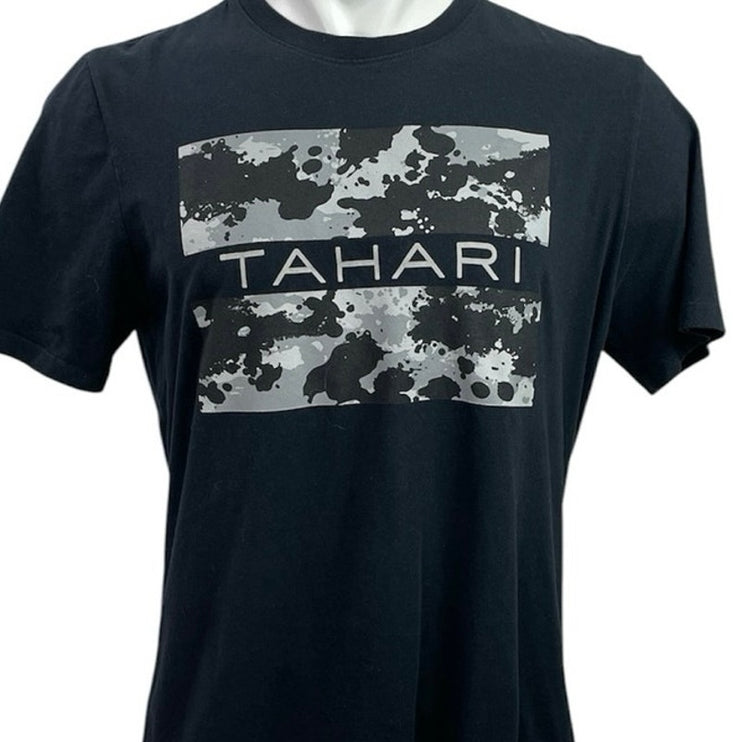 Tahari Men Black Camo Logo Graphic Short Sleeve Crew Neck T Shirt Tee Top Size M